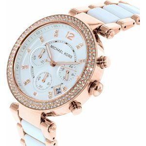 NEW NWT Michael Kors MK5774 watch chronograph rose-gold white Face Glitz